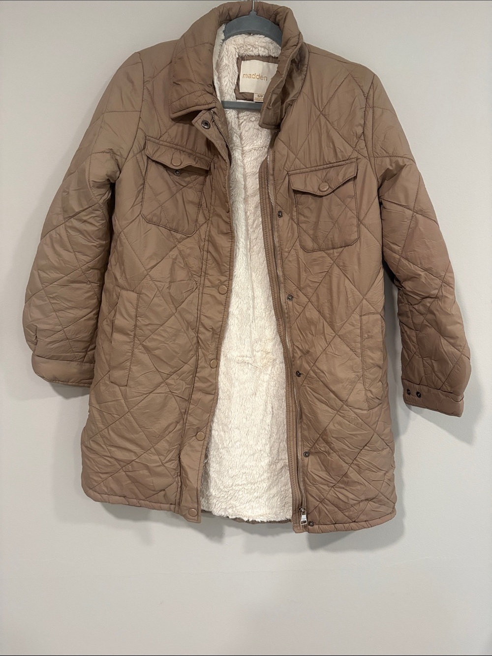 Madden Girl Quilted Long Puffer Coat in Taupe with Sherpa Lining